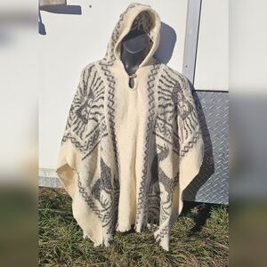 Hooded Cream and Grey Wool Poncho